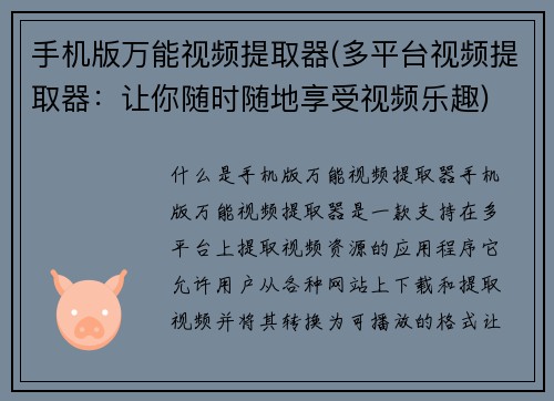 手机版万能视频提取器(多平台视频提取器：让你随时随地享受视频乐趣)
